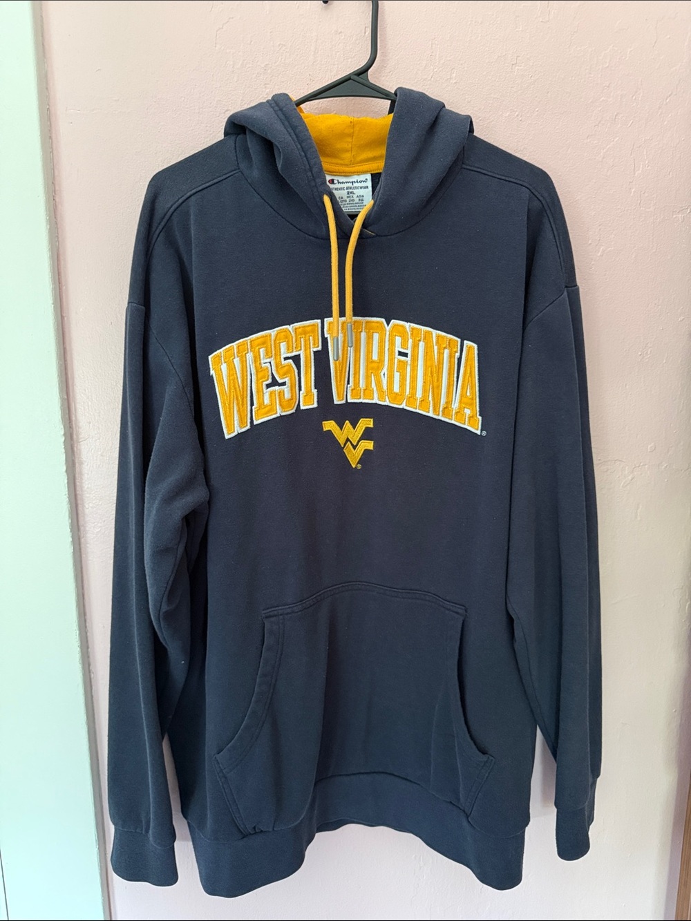 Champion Men's Navy Crewneck Hoodie with Gold West Virginia Logo